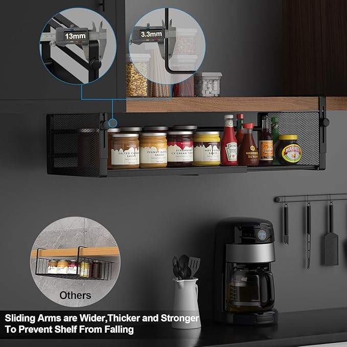AmonHouseware 2-Pack Under-Shelf Baskets, Adjustable Hanging Under Cabinet Shelf Storage, Length Stretchable 14.9-22.6 Inches for Kitchen Pantry Desk Counter Bookshelf Cupboard (Black)