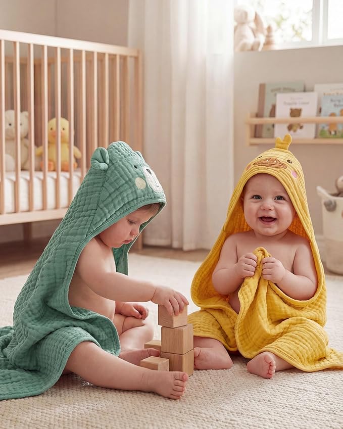 Blissful Diary Muslin Baby Hooded Towel 2 Pack, Soft & Absorbent Bath Towel for Infant, Toddler, Unisex, Baby Gift, Newborn Essentials, Smart Bear & Sunny Duck