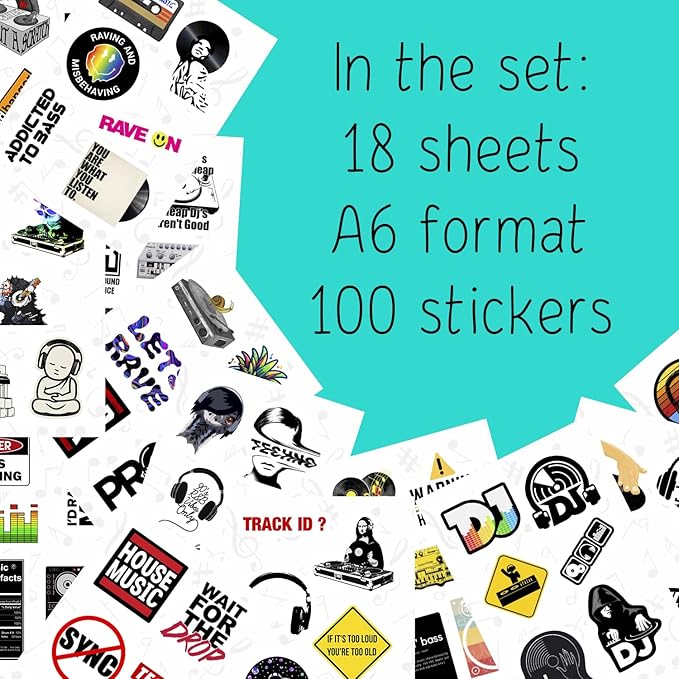 BulbaCraft 100Pcs DJ Stickers for Water Bottle and Laptop - DJ Party Favors & Decorations, Waterproof Vinyl Decals, Music and Turntable Stickers, Gifts for Women & Men