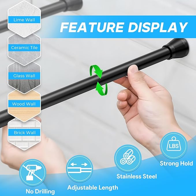 Tension Rod 16 to 26 Inch Adjustable Curtain Rod No Drilling Black Tension Curtain Rod Spring Tension Curtain Rod for Bookshelf Diy Projects Kitchen Cupboard Bathroom Wardrobe 2PCS