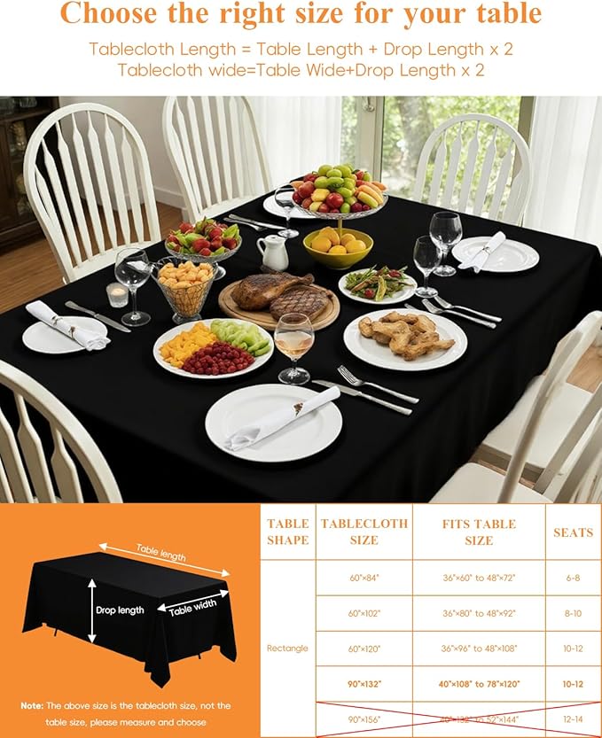 Goodluck 2 Pack Black Tablecloth 90 x 132 Inch – Rectangular Polyester Table Cloth, 6-8 Ft Tables – Reusable, Machine Washable Cover for Wedding, Birthday, Party Banquet and Event Decoration