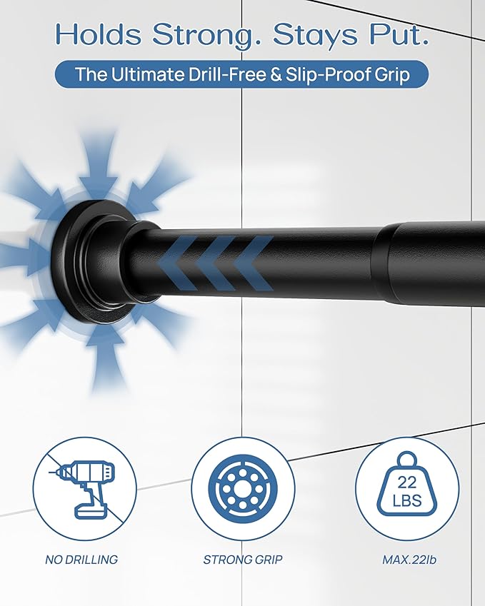 ALLZONE Adjustable Tension Curtain Rod, 42 to 78 Inches, Spring Loaded Curtain Rods No Drilling, Renter Friendly Tension Rod for Windows, Shower, Closet, No Drill, Non-Slip, Black