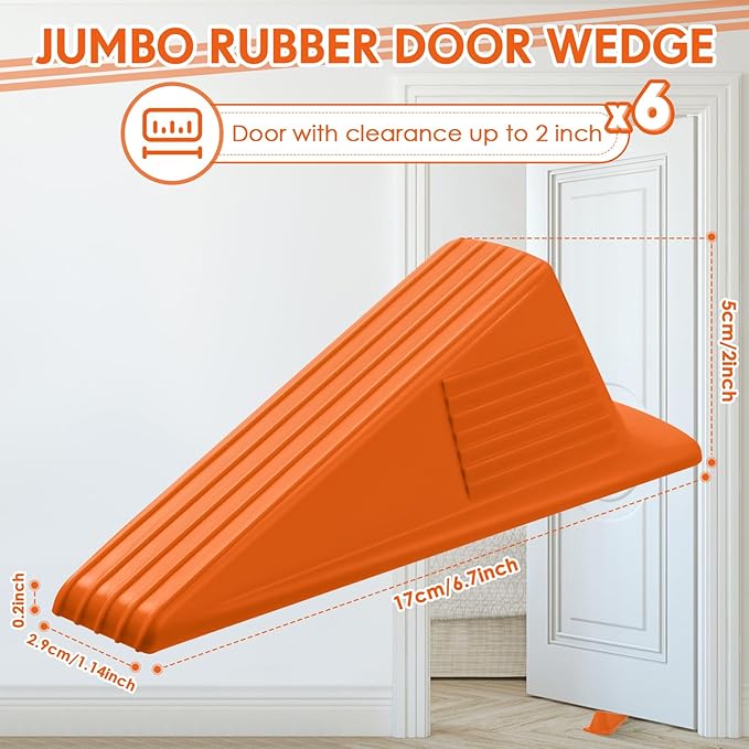 Frienda 6 Pcs Jumbo Door Stoppers Heavy Duty Door Stopper Tall up to 2inch Tall Wedge TPR Large Wedge Stackable Big Rubber Doorstop for Hotel Carpet Hardwood Concrete and Tile (Orange)