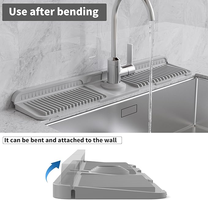 WAFT YEARN 24X5 Inch Silicone Durable Faucet Mat Kitchen Sink Splash Guard Draining Protector Tray Liner Absorbent Protective Counter Accessories For Sink Kitchen Bathroom Laundry Room Bar & RV Grey