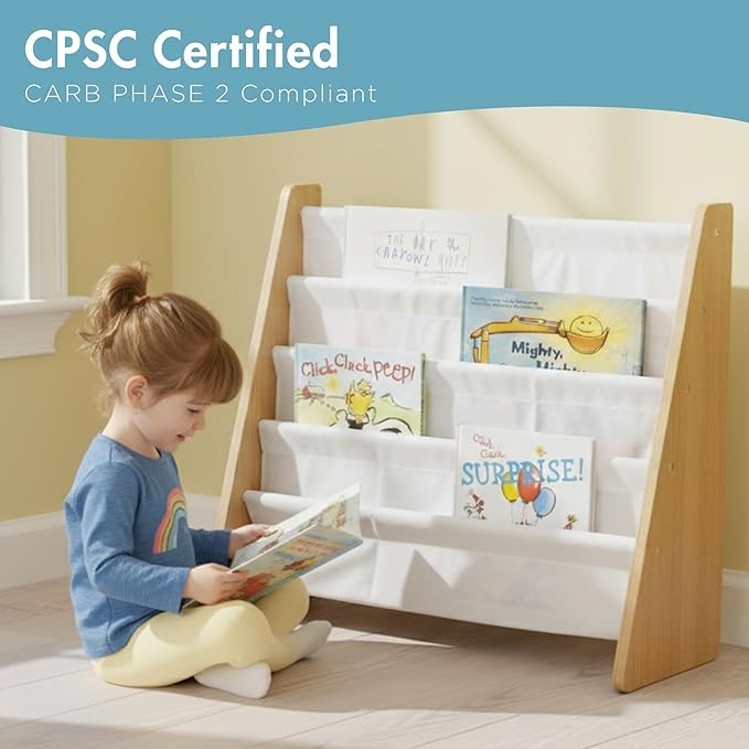 Humble Crew 4-Tier Kids Bookshelf, Natural Wood/White - Premium Book Shelf for Kids Rooms with Four Deep Pockets - Toddler Sling Book Rack with Deep Sleeves, Nursery Bookcase Organizer