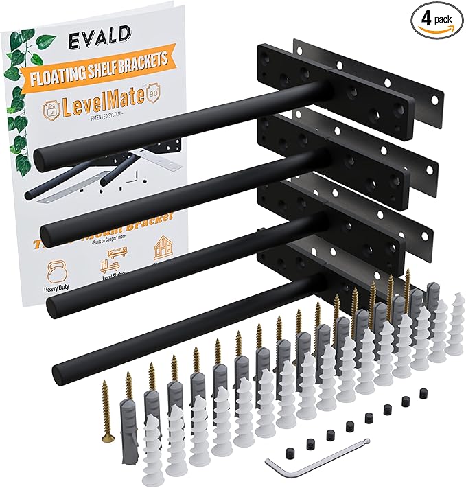 EVALD LevelMate™ 8" Titan-Mount Floating Shelf Brackets | Heavy Duty Hidden Black Carbon Steel Wall Supports for Wood Mantel, Bookshelf, Kitchen & Office Shelving | Invisible Bracket Hardware (4 Pack)