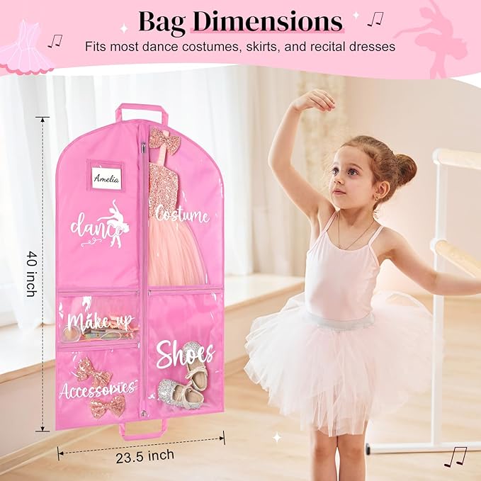 DEEKA Dance Garment Bag for Hanging Clothes with Zipper Pockets Dance Accessories Essentials Uniform Costume 40 Inch Dress Bags for Dance Competition Girls (Pink,White-Dance)