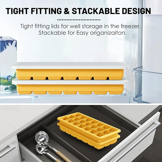 Silicone Ice Cube Trays 3 Packs, Easy Release Ice Cube Molds with Lid, Freezer Stackable Ice Maker for Whiskey, Baby Food, BPA Free (2, Yellow)
