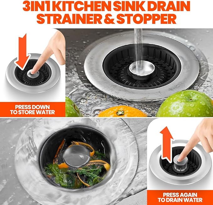 Sink Drain Strainer - Sink Stopper, 3-in-1 Kitchen Stainless Steel Drain Plug with Anti-Clog Basket, Pop-Up Cover Fits Standard 3-1/2” Openings for Double Bowl Kitchen Sinks,Black
