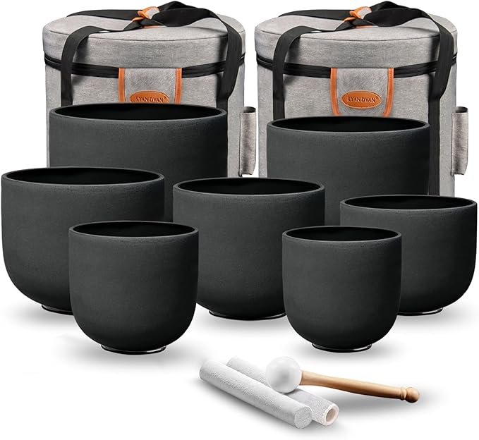 Ryan Dvan 7-12 Inch Black 7 Crystal Singing Bowl Set Frosted Quartz Crystal Sound Therapy Kit with Mallets 2 Cases O-Ring for Yoga Meditation Energy Balancing Reiki Healing