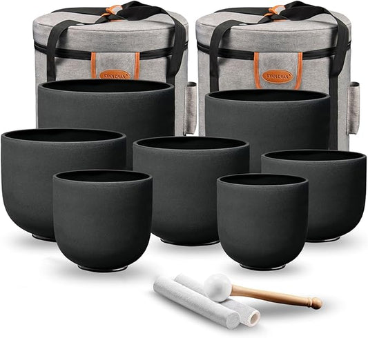 RYAN DVAN 7-12 Inch Set of 7 Pcs Black Color Quartz Crystal Singing Bowl Chakra Set with Free 2 pcs Carrying Case