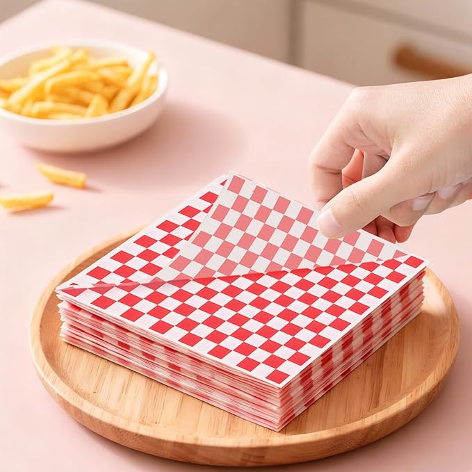 100pcs Waxed Deli Paper Sheets, 7x7" Food Basket Liners for Sandwiches, Burgers. Classic Checkered Deli Wrap Wax Paper Sheets by Neyimqr (Red)