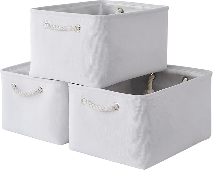 TheWarmHome Storage Basket for Gifts Empty - Large 3 Pack 15.7x11.8x8.2 inch Storage Basket for Organizing with Handles, Canvas Storage Bins for Organizer Closet Toy Cubes Gift (White)