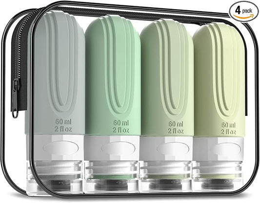 Mrsdry Travel Bottles for Toiletries, Tsa Approved 2oz Travel size Bottles, BPA Free Leak Proof Travels Toiletry Containers, Traveler Accessories with Toiletry Bag for Shampoo Liquid (4 Pack)