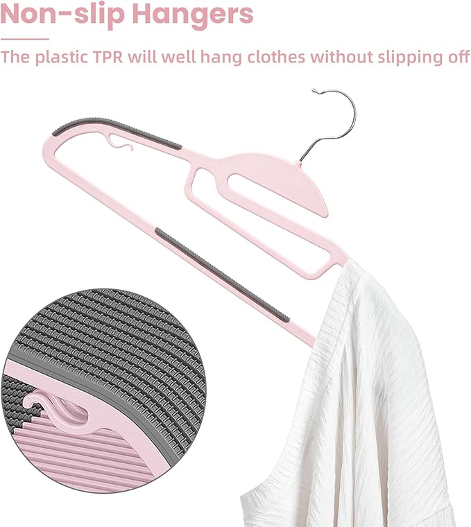 BAGAIL Plastic Hangers 50 Pack with Non-Slip Design, 0.2 Inches Thick, 360° Swivel Hook Space Saving Organizer for Bedroom Closet, Shirts, Pants (Pink - S-Shaped)