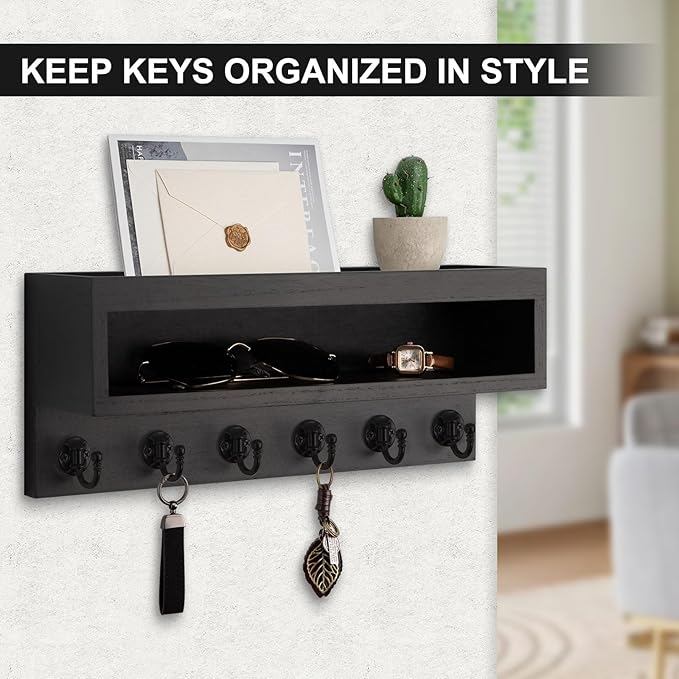 Key and Mail Holder Wall Mount, Key Hanger with Long Storage Box and 6 Hooks for Coat, Dog Leash, Home Decor Rack, House Accessories, Entry Way Organizer (Black)