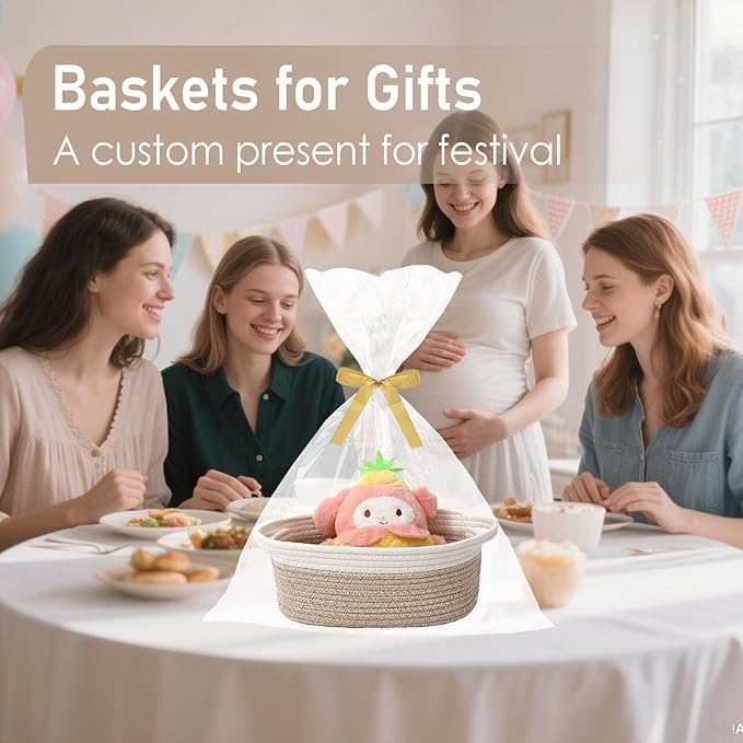 Woven Basket, Small Rope Storage Bin with Handles & Ribbon Bag, Organizer for Shelves Closets, Empty Gift Basket for Birthday, Books, Dog Toys, White & Oatmeal/2 Pack