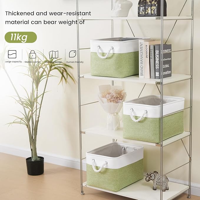 VQRTEXA Large Storage Baskets- 15x11x10 inch Storage Bins for Shelves and Closet Organizing, Foldable Fabric Bin for Home Organization Clothes and Laundry (1-Pack, White&Green)
