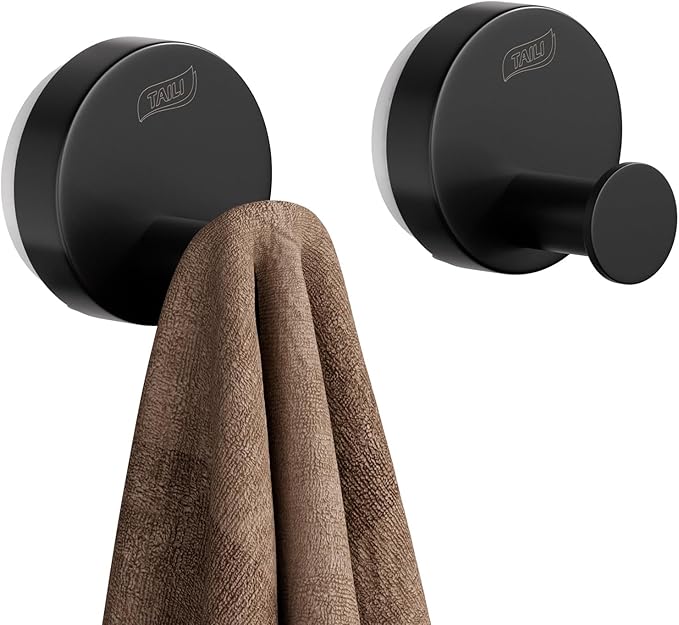 TAILI 304 Stainless Steel Bathroom Suction Hooks for Towel, Bathrobe, Loofah, Patented Strong Suction Cup Holder, No Damage Hanging Glass Shower Wall Hook, Classic Round, 2 Pack, Black
