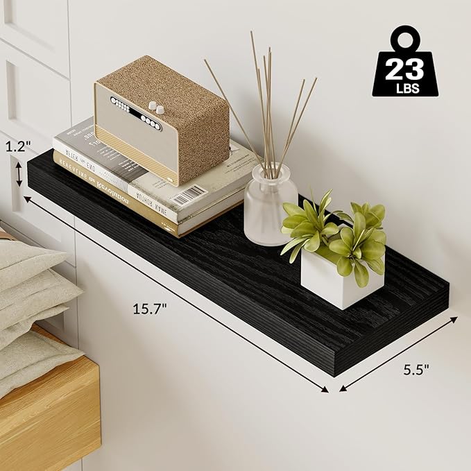 Fixwal Black Shelves, 15.8in Floating Shelves, Farmhouse Shelf Wall Decor for Bathroom, Bedroom, Living and Kitchen Set of 6