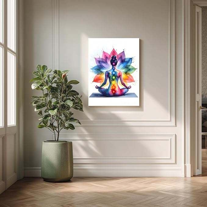 GELDSTEI Framed Zen Wall Art, Chakra Yoga Wall Decor, Colorful Meditation Poster Print, Spiritual Canvas Painting, Vibrant Meditating Woman Aesthetic Picture for Living Room Yoga Studio 12"x16"