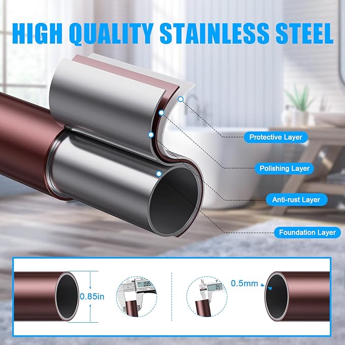 TEECK Shower Curtain Rod, 27-76 inch Adjustable Spring Tension Curtain Rod, Never Rust Anti-Slip Shower Curtain Rod for Bathroom, No Drilling, Never Collapse, Easy to Use, Brown