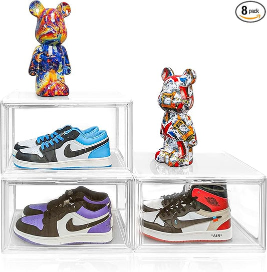 8 Pack Shoe Storage Organizer for Closet, Size 12.5 Sneaker Display Case Clear Stackable Plastic Shoe Boxes with Magnetic Acrylic Door, Fit up to US Size 12.5