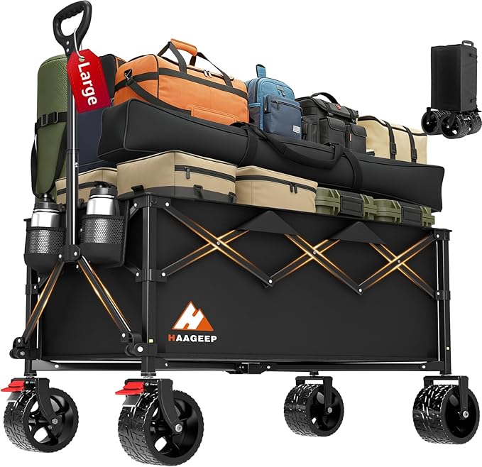 Collapsible Wagon Cart with Wheels Foldable - Folding Utility Heavy Duty Wagons Carts for Grocery Sports Garden Shopping Camping Wheelbarrows (Black, 220L)