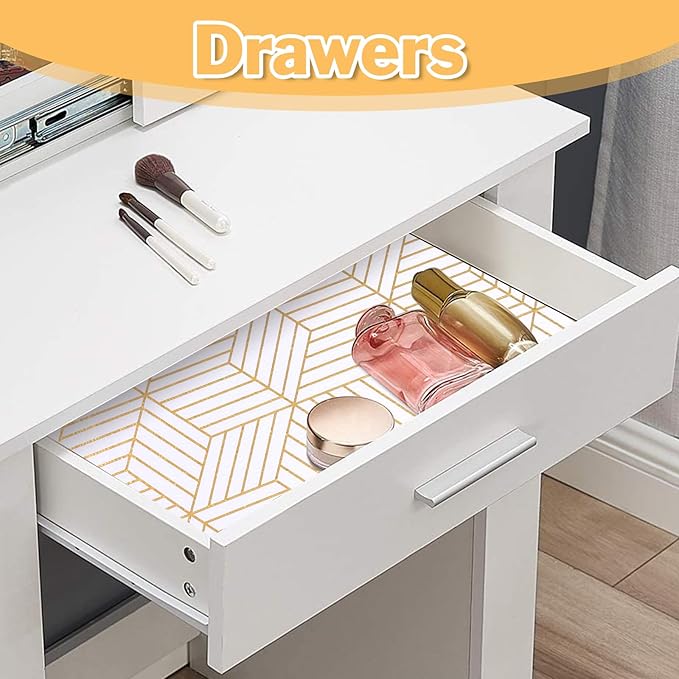 Shelf Liners for Kitchen Cabinets 11.8 x 236.2in Non-Adhesive Shelf Liner Paper Non-Slip Thickened Drawer Liner Easy to Clean for Tool Box Refrigerator with Knife and Tape Measure, Gold Geometric
