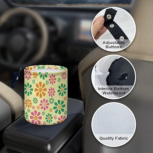 Panskyllis Colorful Hippie Flower Car Trash Bin Garbage Can Foldable Rubbish Bin Basket Bag Portable Cup Holder Organizer with Strap Universal Storage Bag Box for Fit Most Cars, SUVs, Trucks