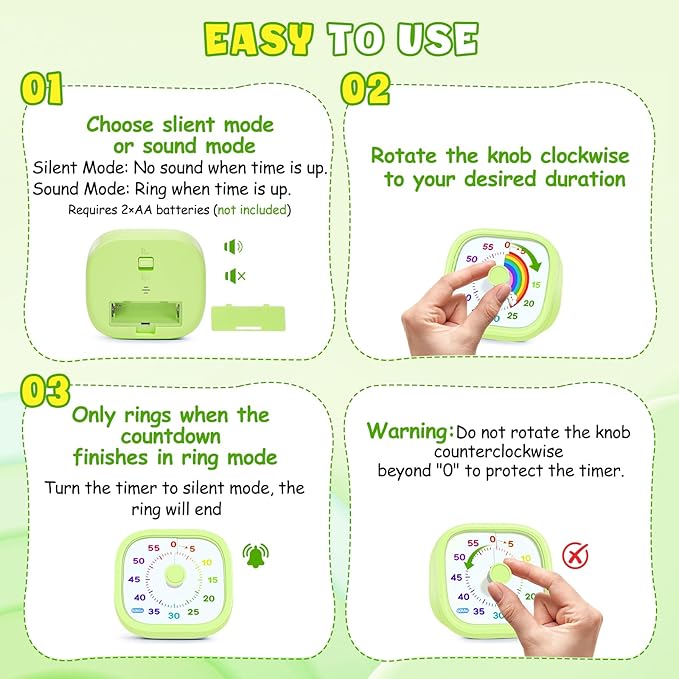 HIPPIH Visual Timer for Kids - 60 Minute Pomodoro Timers for Classroom Kitchen Office, Countdown Kids Timer Clock with Rainbow Disk, Desk Time Management Tool for Toddler with Silent Operation, Green