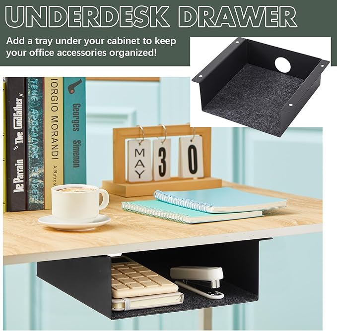 2 Pack Under Desk Hanging Shelf, Carbon Steel Storage Tray with Mute Felt Sheets, Mount Shelves Organizer for Office Home Workstation Gaming Desk Stand up(7.5x8x2.8 In/Storage Shelf,Black)