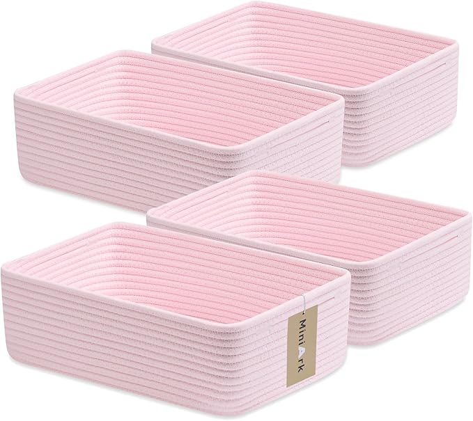 MiniArk Large Shallow Organizing Baskets 15x11x5.1 Inches - Rope Woven Storage Bins for Bathroom, Shelves, Cube Closet, Light Pink 4 Packs
