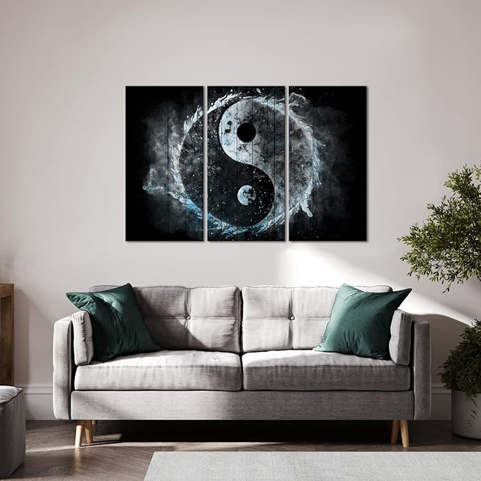 Biuteawal 3 Panel Wall Art Yin Yang Symbol on Wood Backgroud Picture Traditional Chinese Culture Art Prints Black White Blue Painting Retro Artwork Home Office Living Room Bedroom Decor Gallery