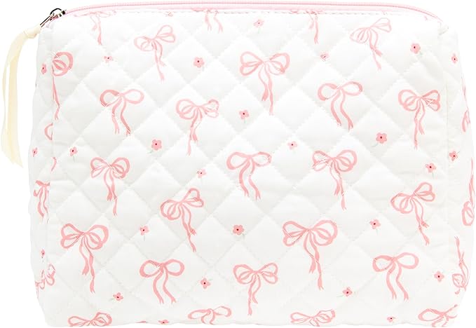 Quilted Makeup Bag Large Travel Zipper Soft Cosmetic Pouch for Women Girls Make Up, Bow Pink