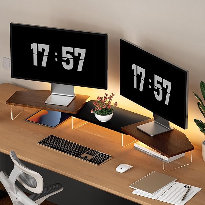 LED Dual Monitor Stand Riser for 2 Monitors,Office Desktop Wooden Stand Adjustable Length and Angle 3 Shelf,Extra Long Multifunctional Stand up to 44.4" for Computer,Laptop,TV,Walnut Finish