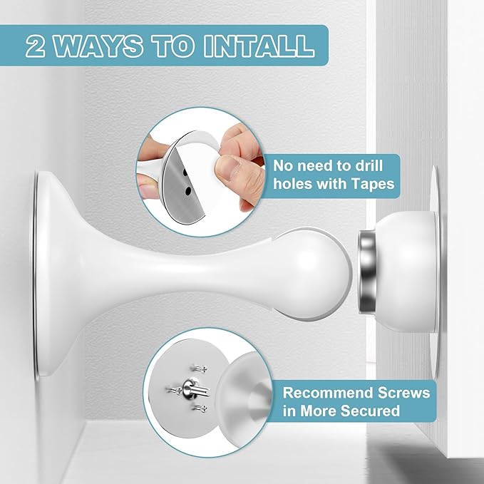 Magnetic Door Stoppers 4 Pack, Stainless Steel Door Stops for Wall and Floor Mounting, Door Holder Keep Door Open, No Drilling Door Stop with 3D Adhesive Tapes, White