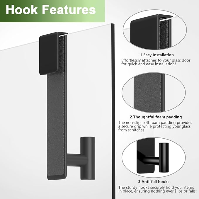VINHOLD Shower Door Hooks, Heavy Duty Rack Hooks for Robe, Stainless Steel Towel Hooks for Bathroom, Fits Frameless Glass Shower Doors up to 3/8" (10mm) Thick (Black, 2 Pack)