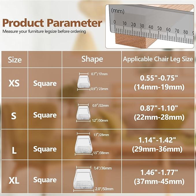 16Pcs Square Chair Leg Floor Protectors with Thickened Felt Pads Silicone Chair Leg Covers Caps to Protect Hardwood Tile Floors Furniture Feet Reduce Noise (Clear L Fit 1.14"-1.42")