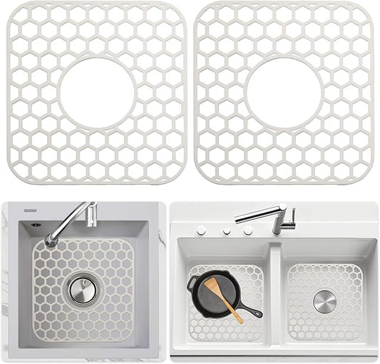 2 Pack Silicone Sink Protectors for Kitchen Sink - 12" x 11" Kitchen Grid Accessory, Non-Slip Heat-Resistant Mat for Bottom of Porcelain Stainless Steel, Dishwasher Safe (White)