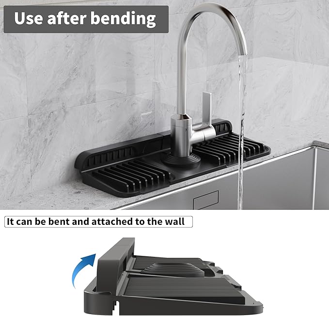 WAFT YEARN 14X5 Inch Silicone Durable Faucet Mat Kitchen Sink Splash Guard Draining Protector Tray Liner Absorbent Protective Counter Accessories For Sink Kitchen Bathroom Laundry Room Bar & RV Black