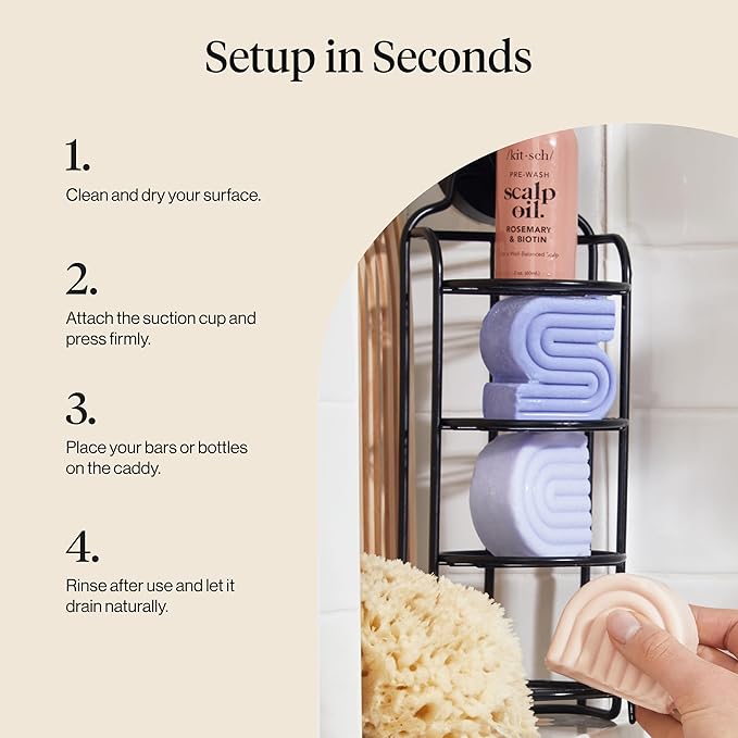 Kitsch Shower Caddy Hanging with Suction Cup – Self-Draining Shampoo Bar Holder & Shower Shelves for Conditioner Bars & Soap – Rust Proof Bathroom Caddy, and Wall Mount or Free-Standing Organizer