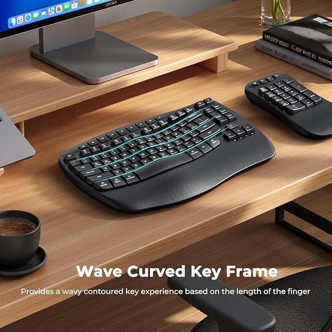 MEETION Wave Ergonomic Keyboard, 2.4GHz Wireless/Bluetooth Split Keyboard with Wrist Rest, Separate Mini Numeric Keypad, Flexible 2-in-1 Setup for Left-Handed/Accountants/Data Entry