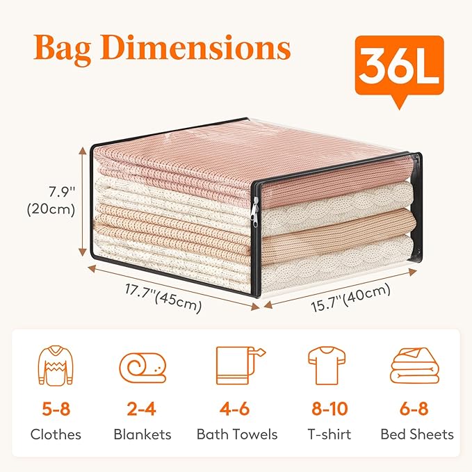 Lifewit 36L Clear Sheet Storage Bags with Zipper 6 Pack, Plastic Sweater Storage Bins for Clothing, Vinyl Foldable Clothes Containers Organizers for Closet, Blankets, Bedding 17.7 x 15.7 x 7.9 Inch