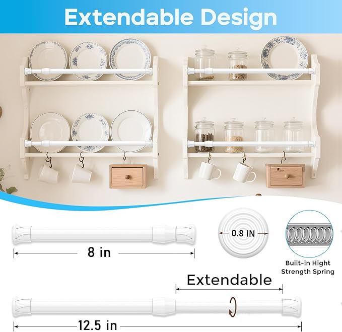 Tension Curtain Rod 8-12.5 inch Small Tension Rods White Adjustable Spring Tension Curtain Rods 6PCS Mini Curtain Rod Short for Cupboard Closet Rod Kitchen Drawers No Drill Cupboard Cabinets