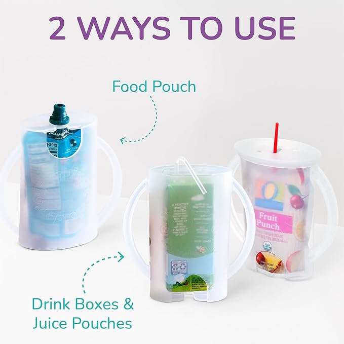 Flipping Holder Squeeze Proof Food Pouch Holder for Toddlers, Babies, Kids, Mess Free No Squeeze Juice Box Drink Holder with Easy Grip Handles and Lid - Made in USA (Blue 3 Pack)