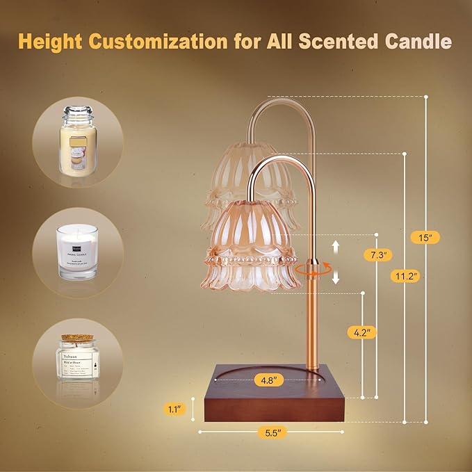 Candle Warmer Lamp, Candle Warmer Lamp Adjustable Height, Candle Warmer Light with Timer & Dimmer, Compatible with Jar Scented Candles, Flower Candle Warmer with 3 Bulbs for Home Decor