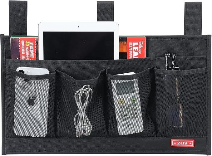 Hanging Bedside Caddy, Bedside Storage Organizer for Magazine, Phone, Remote control (6 Pockets-Black)