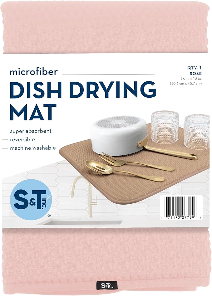 S&T INC. Dish Drying Mat, 16” x 18”, Absorbent Microfiber Kitchen Counter Mat, Drying Pad for Dishes, Utensils, Pots and Pans, Large, Diamond Texture, Pink