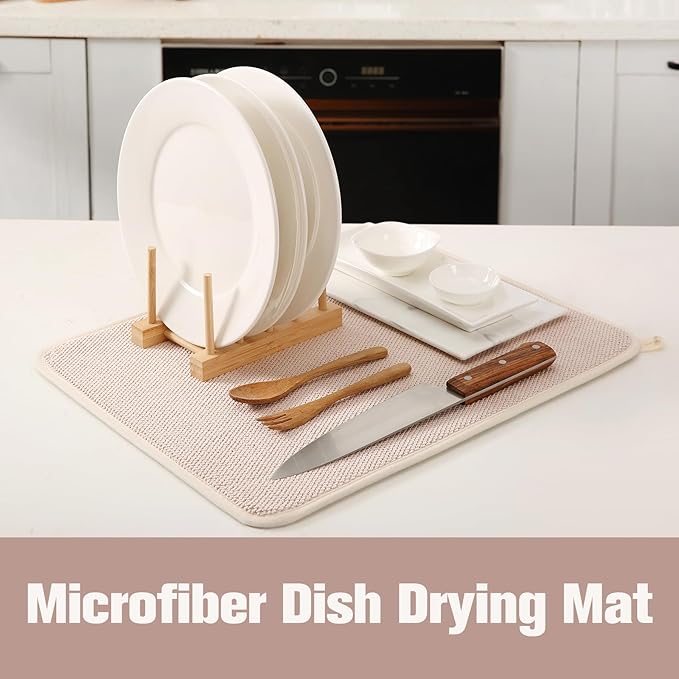 VESHE 2 Pack Microfiber Dish Drying Mat for Kitchen Counter, Ultra Absorbent Dish Drainer Mat, Dish Drying Pad, Dish Rack Mat 20×15 Inch (Beige)